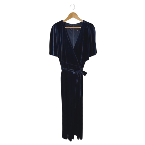 Alex Marie Jumpsuit Women 18 Navy Blue Velvet Cape Sleeves Belted Wide Leg Beth - Picture 2 of 7